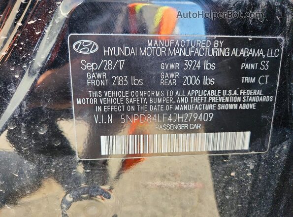 5NPD84LF4JH279409 2018 HYUNDAI ELANTRA Black Вид наклейки з VIN-кодом