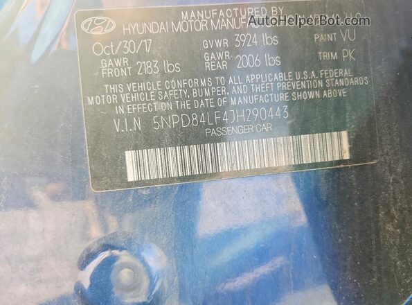 5NPD84LF4JH290443 2018 HYUNDAI ELANTRA Синий Вид подкапотного пространства