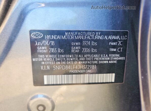 5NPD84LF4JH372981 2018 HYUNDAI ELANTRA Gray Вид наклейки з VIN-кодом
