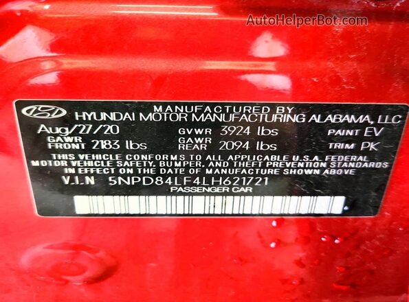 5NPD84LF4LH621721 2020 HYUNDAI ELANTRA Red Widok komory silnika