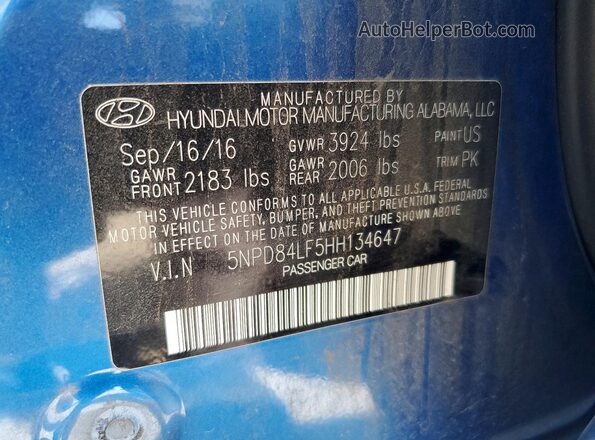5NPD84LF5HH134647 2017 HYUNDAI ELANTRA Blue Vista de la etiqueta del VIN