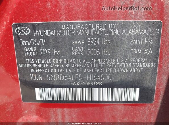 5NPD84LF5HH184500 2017 HYUNDAI ELANTRA Red Вид підкапотного простору