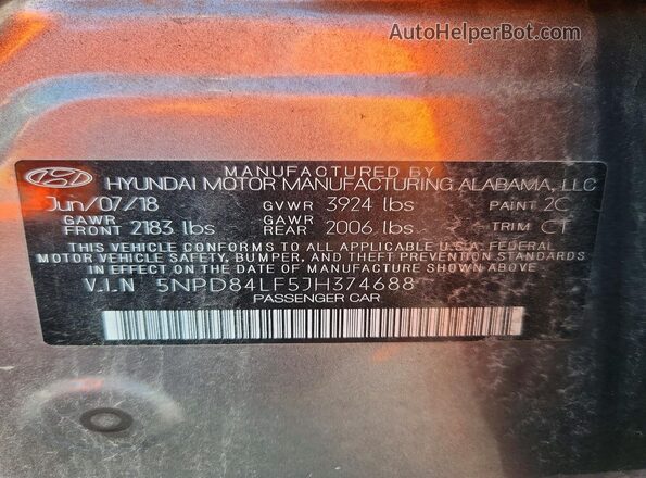 5NPD84LF5JH374688 2018 HYUNDAI ELANTRA Серебряный Вид наклейки с VIN-кодом