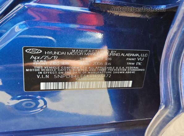5NPD84LF5KH493472 2019 HYUNDAI ELANTRA Blue Вид підкапотного простору