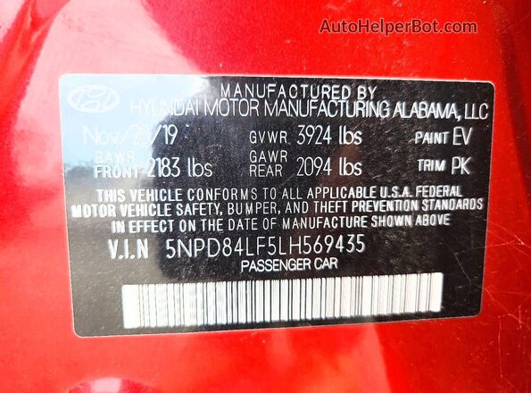 5NPD84LF5LH569435 2020 HYUNDAI ELANTRA Red Widok naklejki z numerem VIN