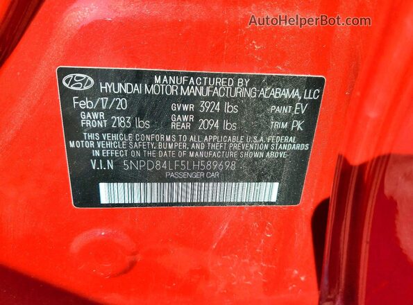 5NPD84LF5LH589698 2020 HYUNDAI ELANTRA Red VIN კოდის სტიკერის ხედი