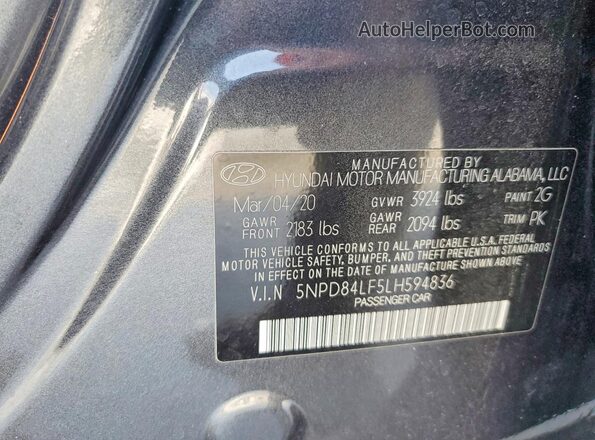 5NPD84LF5LH594836 2020 HYUNDAI ELANTRA Угольный Вид наклейки с VIN-кодом