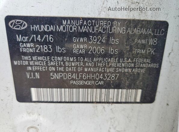 5NPD84LF6HH043287 2017 HYUNDAI ELANTRA White ძრავის განყოფილების ხედი