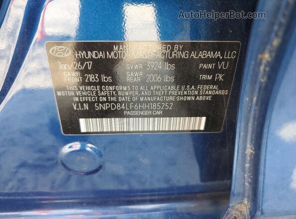 5NPD84LF6HH185252 2017 HYUNDAI ELANTRA Blue Vista de la etiqueta del VIN