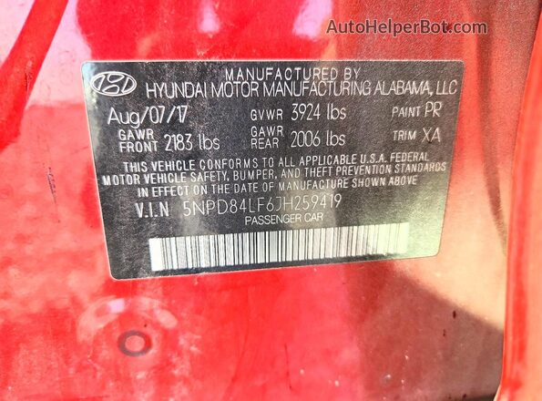 5NPD84LF6JH259419 2018 HYUNDAI ELANTRA Red ძრავის განყოფილების ხედი