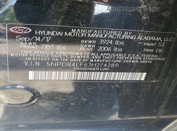 5NPD84LF6JH274289 2018 HYUNDAI ELANTRA Black VIN կոդի պիտակի տեսք