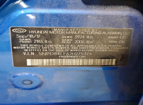 5NPD84LF6JH275376 2018 HYUNDAI ELANTRA Blue VIN sticker view