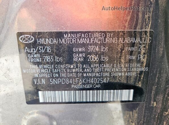 5NPD84LF6KH402547 2019 HYUNDAI ELANTRA Серый Вид наклейки с VIN-кодом