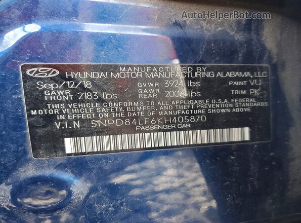 5NPD84LF6KH405870 2019 HYUNDAI ELANTRA Blue Շարժիչի բաժամունքի տեսք
