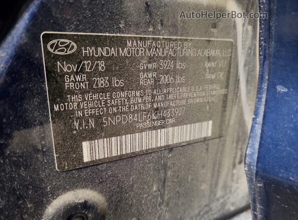 5NPD84LF6KH433927 2019 HYUNDAI ELANTRA Blue Vista del compartimento del motor