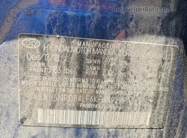 5NPD84LF6KH449299 2019 HYUNDAI ELANTRA Blue ძრავის განყოფილების ხედი