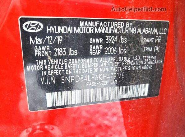 5NPD84LF6KH479175 2019 HYUNDAI ELANTRA Red Engine compartment view