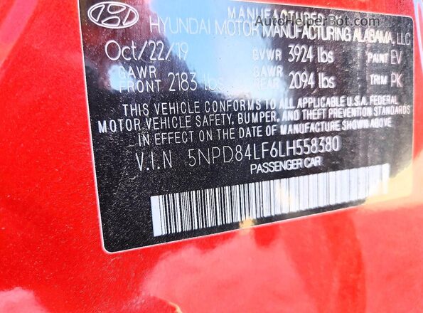 5NPD84LF6LH558380 2020 HYUNDAI ELANTRA Red VIN կոդի պիտակի տեսք