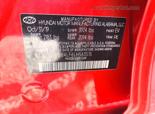 5NPD84LF6LH563515 2020 HYUNDAI ELANTRA Red Շարժիչի բաժամունքի տեսք
