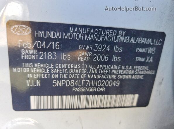 5NPD84LF7HH020049 2017 HYUNDAI ELANTRA Белый Вид наклейки с VIN-кодом
