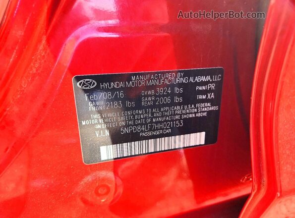 5NPD84LF7HH021153 2017 HYUNDAI ELANTRA Red Engine compartment view