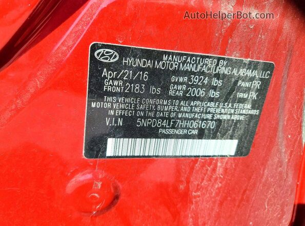 5NPD84LF7HH061670 2017 HYUNDAI ELANTRA Red Вид наклейки з VIN-кодом