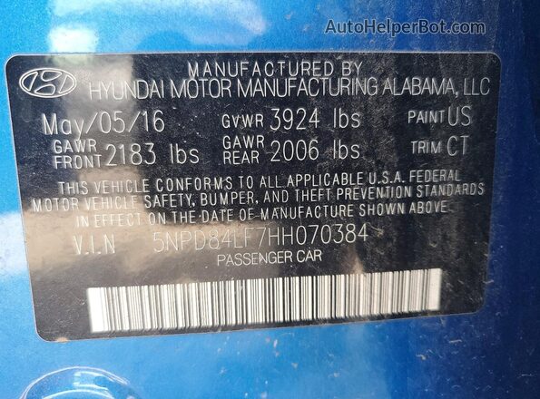 5NPD84LF7HH070384 2017 HYUNDAI ELANTRA Синий Вид подкапотного пространства