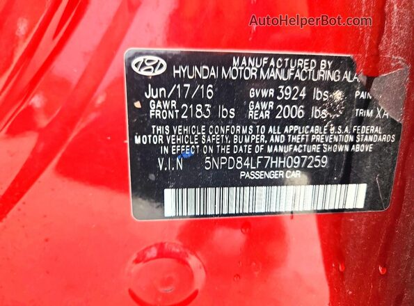 5NPD84LF7HH097259 2017 HYUNDAI ELANTRA Красный Вид наклейки с VIN-кодом