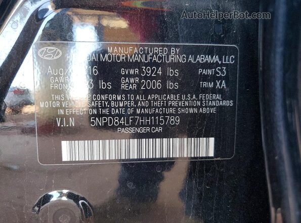5NPD84LF7HH115789 2017 HYUNDAI ELANTRA Black Widok naklejki z numerem VIN
