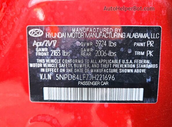 5NPD84LF7JH221696 2018 HYUNDAI ELANTRA Red VIN კოდის სტიკერის ხედი