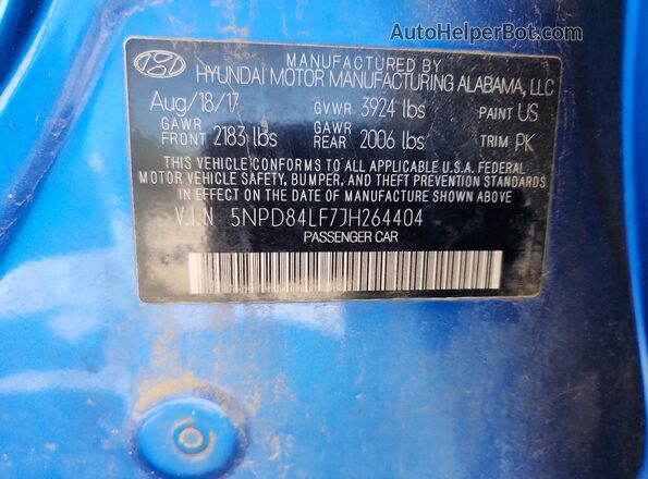 5NPD84LF7JH264404 2018 HYUNDAI ELANTRA Blue ძრავის განყოფილების ხედი