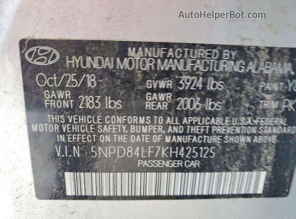 5NPD84LF7KH425125 2019 HYUNDAI ELANTRA Silver VIN sticker view