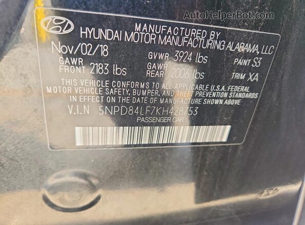 5NPD84LF7KH428753 2019 HYUNDAI ELANTRA Black Widok komory silnika