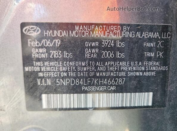 5NPD84LF7KH466287 2019 HYUNDAI ELANTRA Gray VIN կոդի պիտակի տեսք
