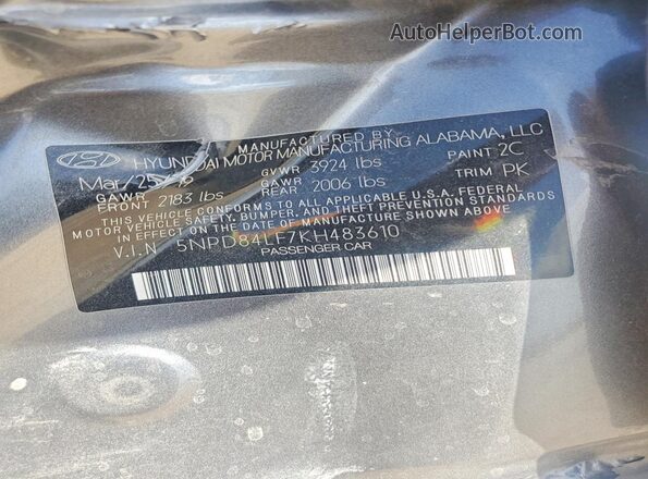 5NPD84LF7KH483610 2019 HYUNDAI ELANTRA Charcoal Вид підкапотного простору