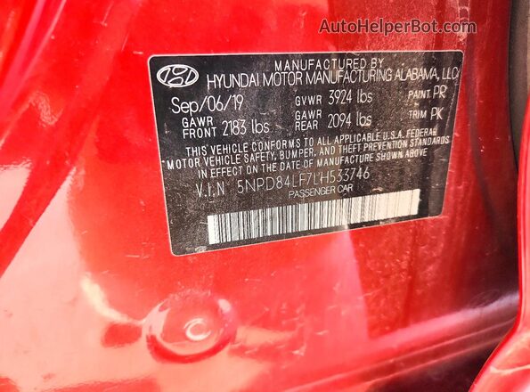 5NPD84LF7LH533746 2020 HYUNDAI ELANTRA Red VIN կոդի պիտակի տեսք