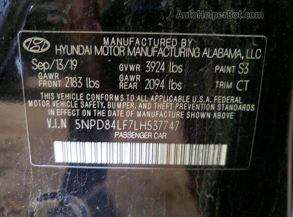 5NPD84LF7LH537747 2020 HYUNDAI ELANTRA Black ძრავის განყოფილების ხედი