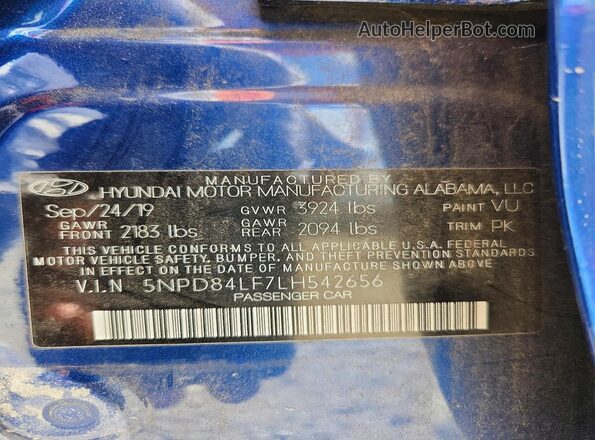 5NPD84LF7LH542656 2020 HYUNDAI ELANTRA Blue VIN კოდის სტიკერის ხედი