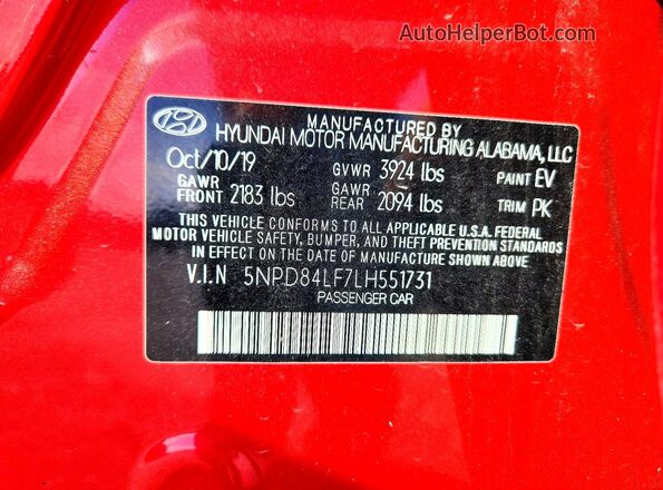 5NPD84LF7LH551731 2020 HYUNDAI ELANTRA Red ძრავის განყოფილების ხედი