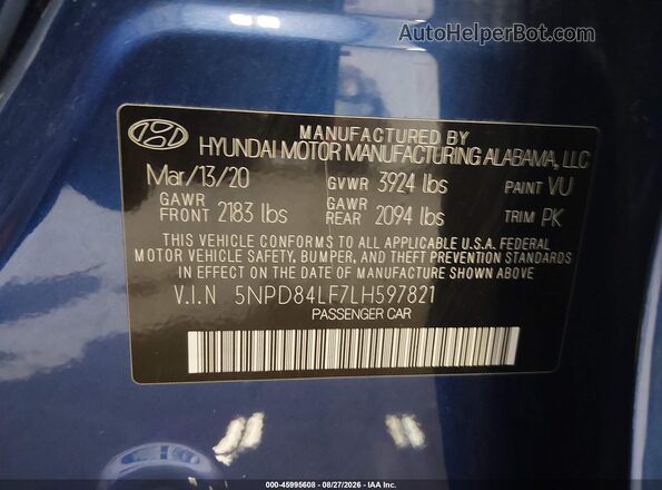 5NPD84LF7LH597821 2020 HYUNDAI ELANTRA Синий Вид подкапотного пространства