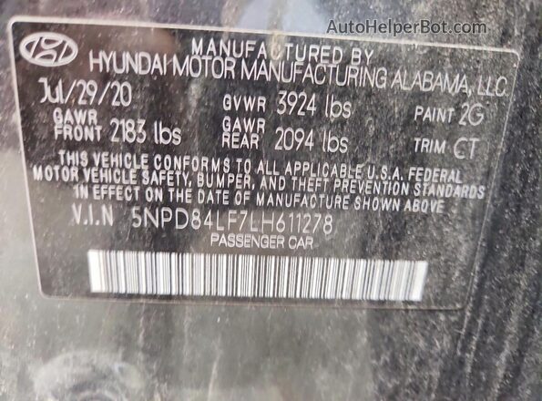 5NPD84LF7LH611278 2020 HYUNDAI ELANTRA Gray Շարժիչի բաժամունքի տեսք