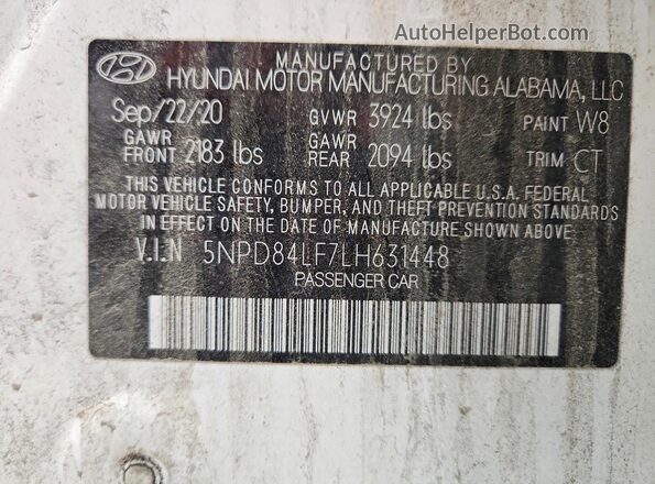 5NPD84LF7LH631448 2020 HYUNDAI ELANTRA White Вид підкапотного простору