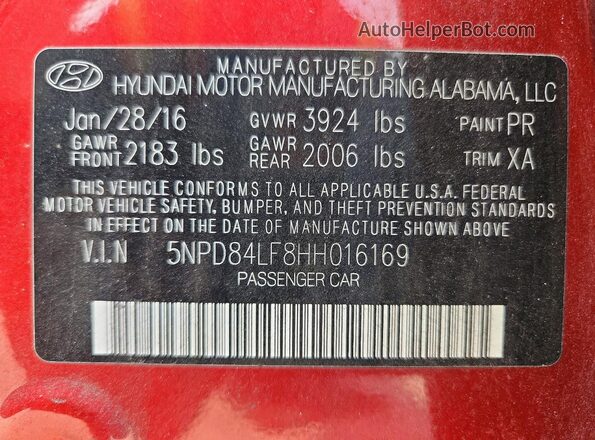5NPD84LF8HH016169 2017 HYUNDAI ELANTRA Red Vista de la etiqueta del VIN