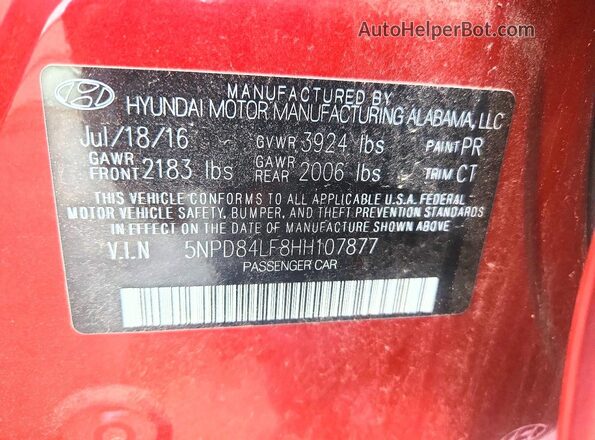 5NPD84LF8HH107877 2017 HYUNDAI ELANTRA Red Շարժիչի բաժամունքի տեսք