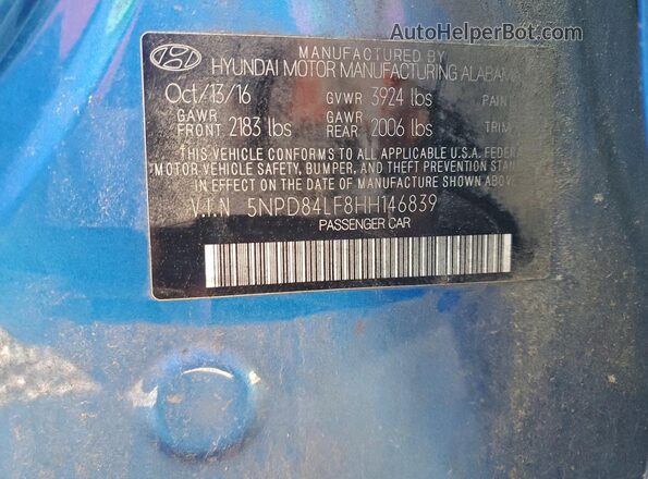 5NPD84LF8HH146839 2017 HYUNDAI ELANTRA Blue ძრავის განყოფილების ხედი