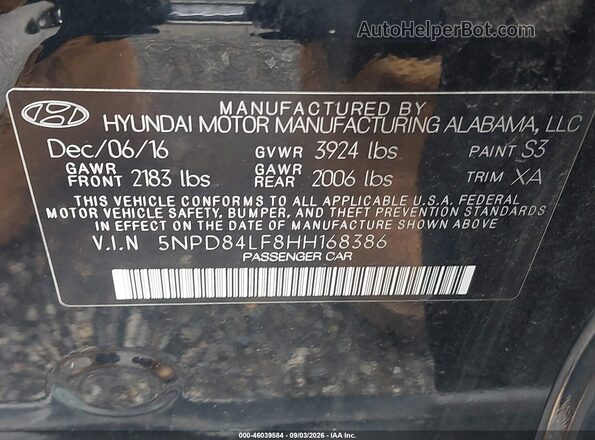 5NPD84LF8HH168386 2017 HYUNDAI ELANTRA Black Вид підкапотного простору