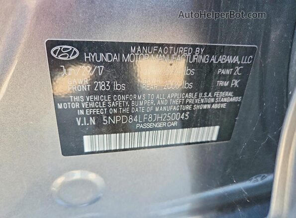 5NPD84LF8JH250043 2018 HYUNDAI ELANTRA Gray ძრავის განყოფილების ხედი