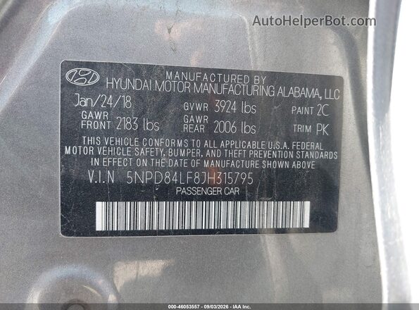 5NPD84LF8JH315795 2018 HYUNDAI ELANTRA Gray Vista del compartimento del motor