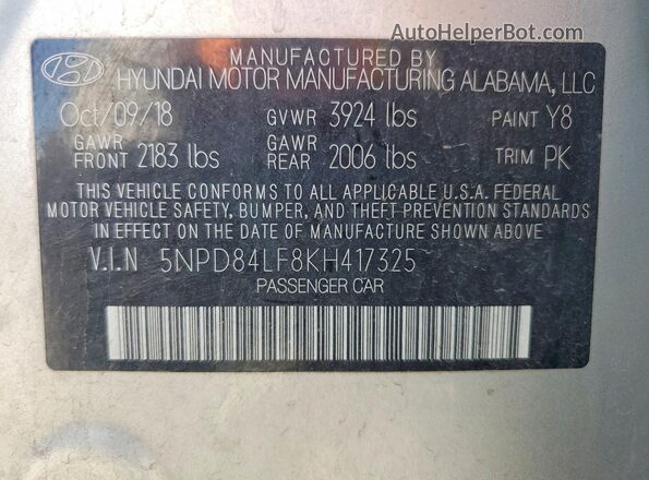 5NPD84LF8KH417325 2019 HYUNDAI ELANTRA Silver VIN კოდის სტიკერის ხედი