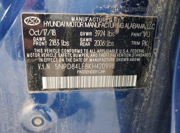 5NPD84LF8KH420998 2019 HYUNDAI ELANTRA Синий Вид наклейки с VIN-кодом